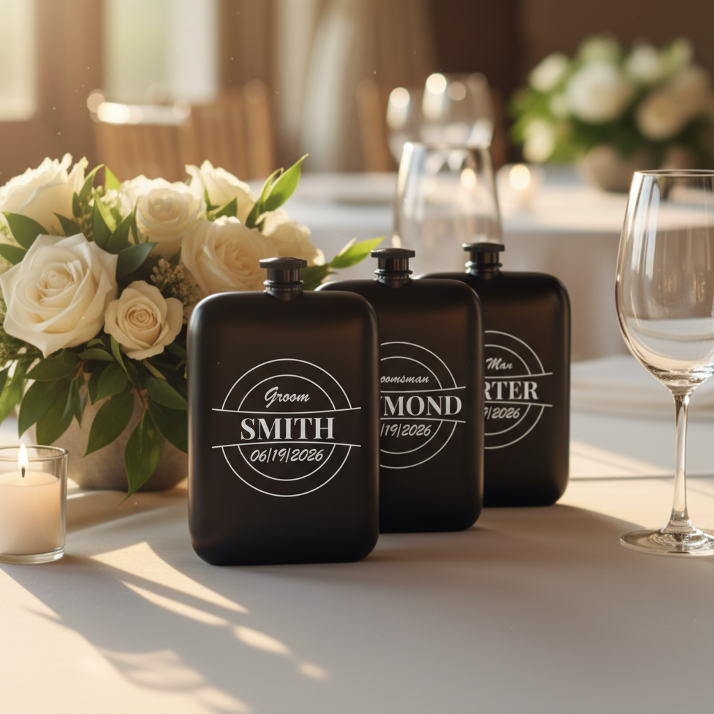 Three black stainless steel flasks with circular engraved designs featuring sample names "Smith," "Groomsman," and "Carter" with dates, arranged on a table with white roses and wine glasses.