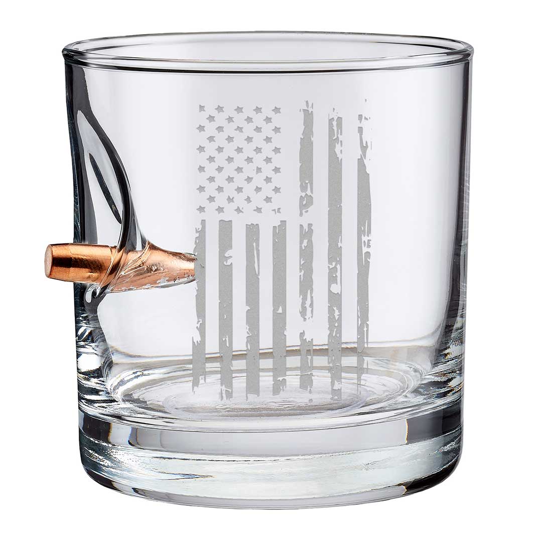 Whiskey rocks glass with embedded .308 bullet and laser-etched American flag design