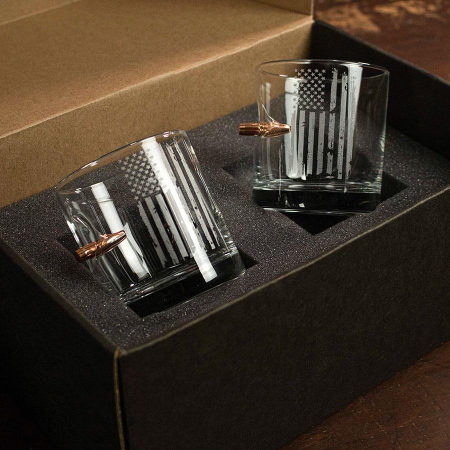 Whiskey rocks glass with embedded .308 bullet and laser-etched American flag design