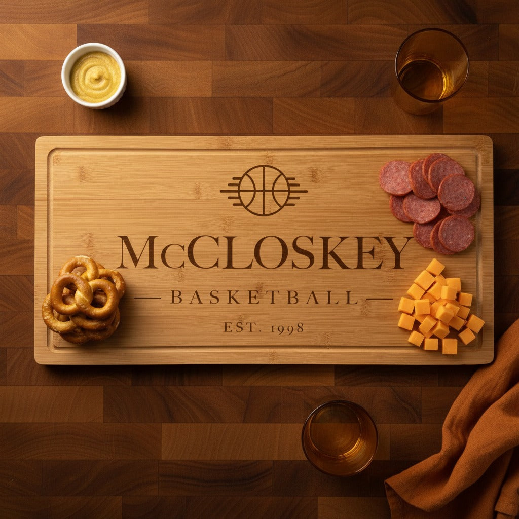 Engraved basketball bamboo board on a butcher block counter with soft pretzel bites at one end and sliced sausage and cheddar at the other on game night.