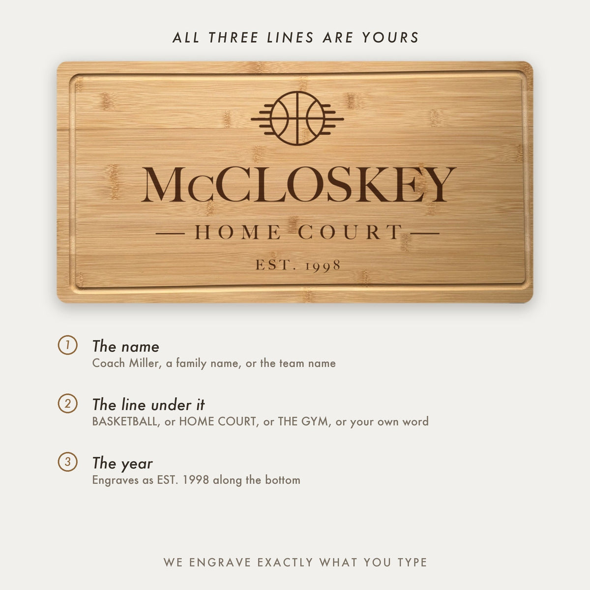 How the basketball board is personalized, shown as McCloskey Home Court with all three lines set by the customer including the line under the name.