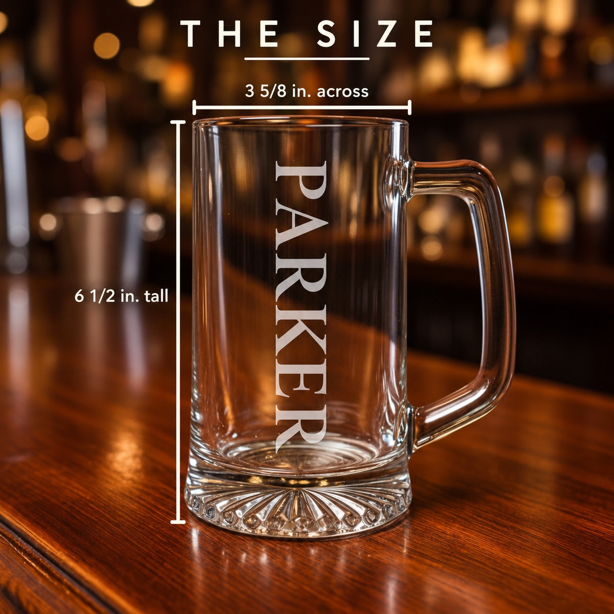 Size of the personalized beer stein: 6 1/2 inches tall and 3 5/8 inches across the rim, shown empty with the name PARKER engraved down the side