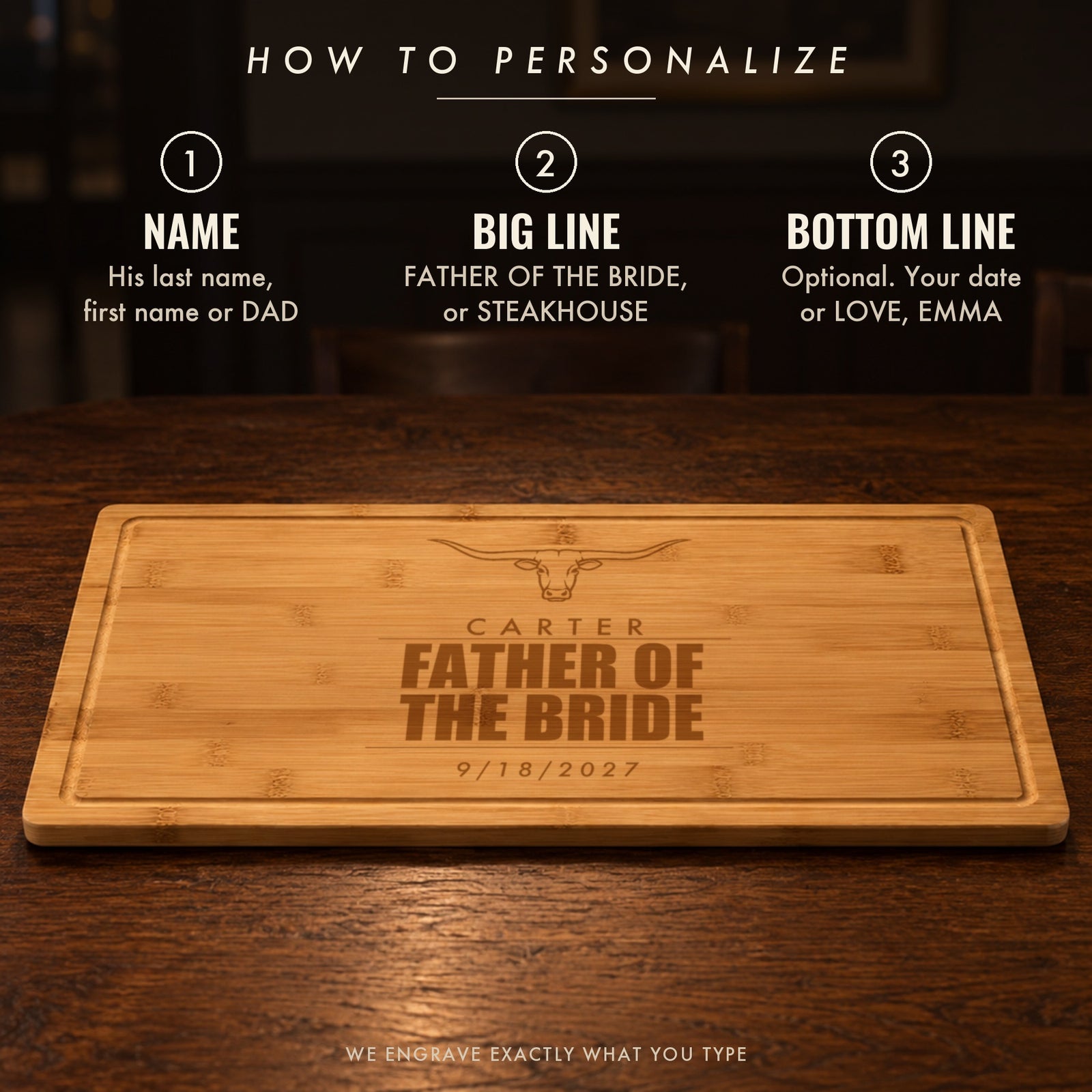 How to personalize the father of the bride cutting board: his name on top, the big line FATHER OF THE BRIDE or STEAKHOUSE, and an optional wedding date