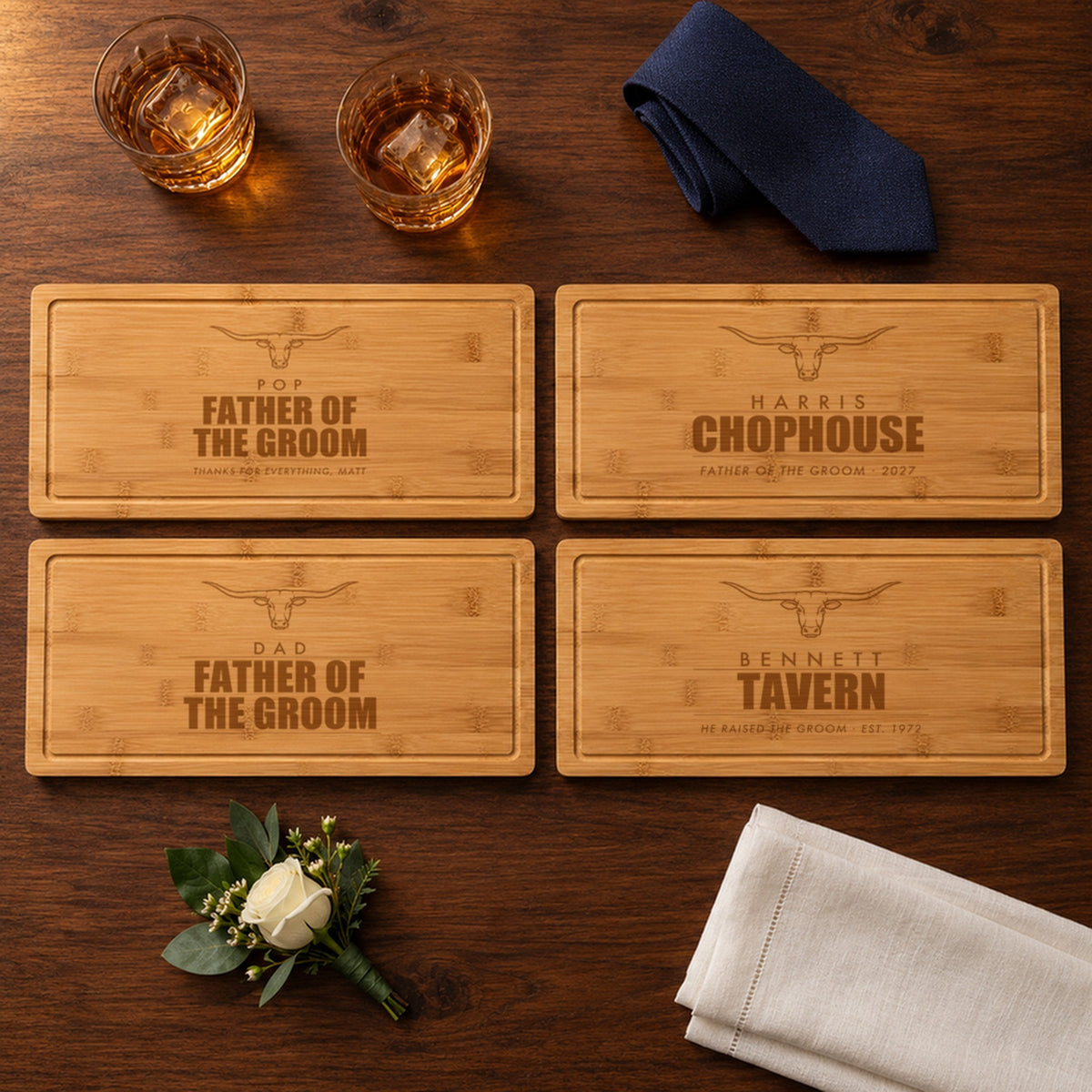 Four engraved father of the groom cutting boards: Pop with Thanks for Everything Matt, Harris Chophouse, Dad, and Bennett Tavern with He Raised the Groom