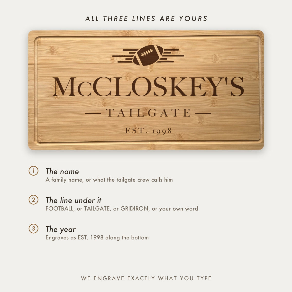 How the football board is personalized, showing McCloskeys Tailgate as an example with all three lines set by the customer including the middle word.