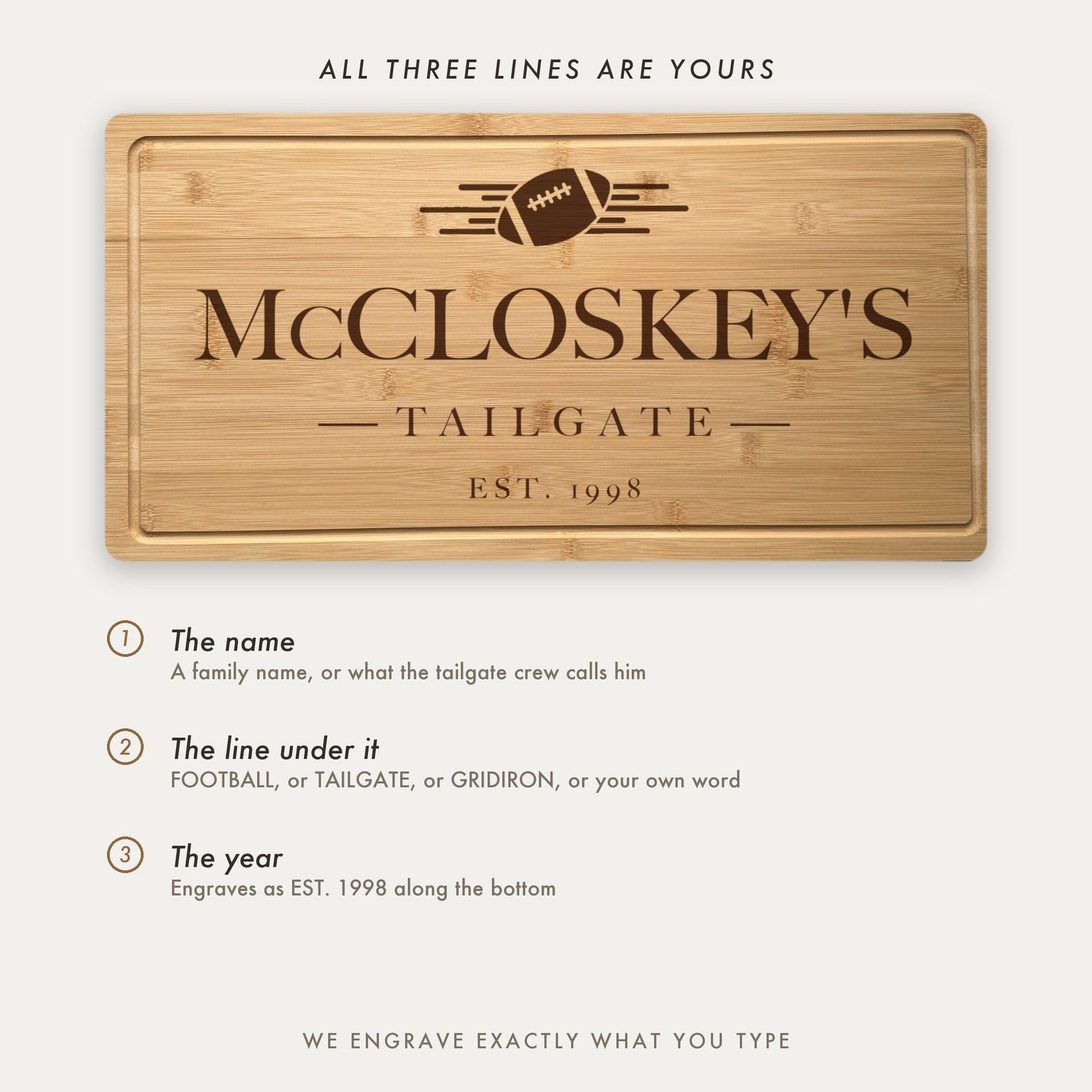 How the football board is personalized, showing McCloskeys Tailgate as an example with all three lines set by the customer including the middle word.