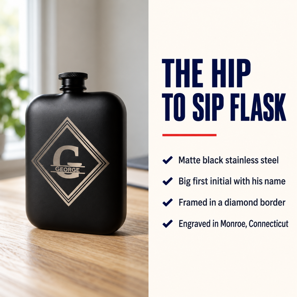 Hip To Sip personalized groomsmen flask details: matte black stainless steel, a big engraved first initial with his name, a diamond border, engraved in Monroe, Connecticut