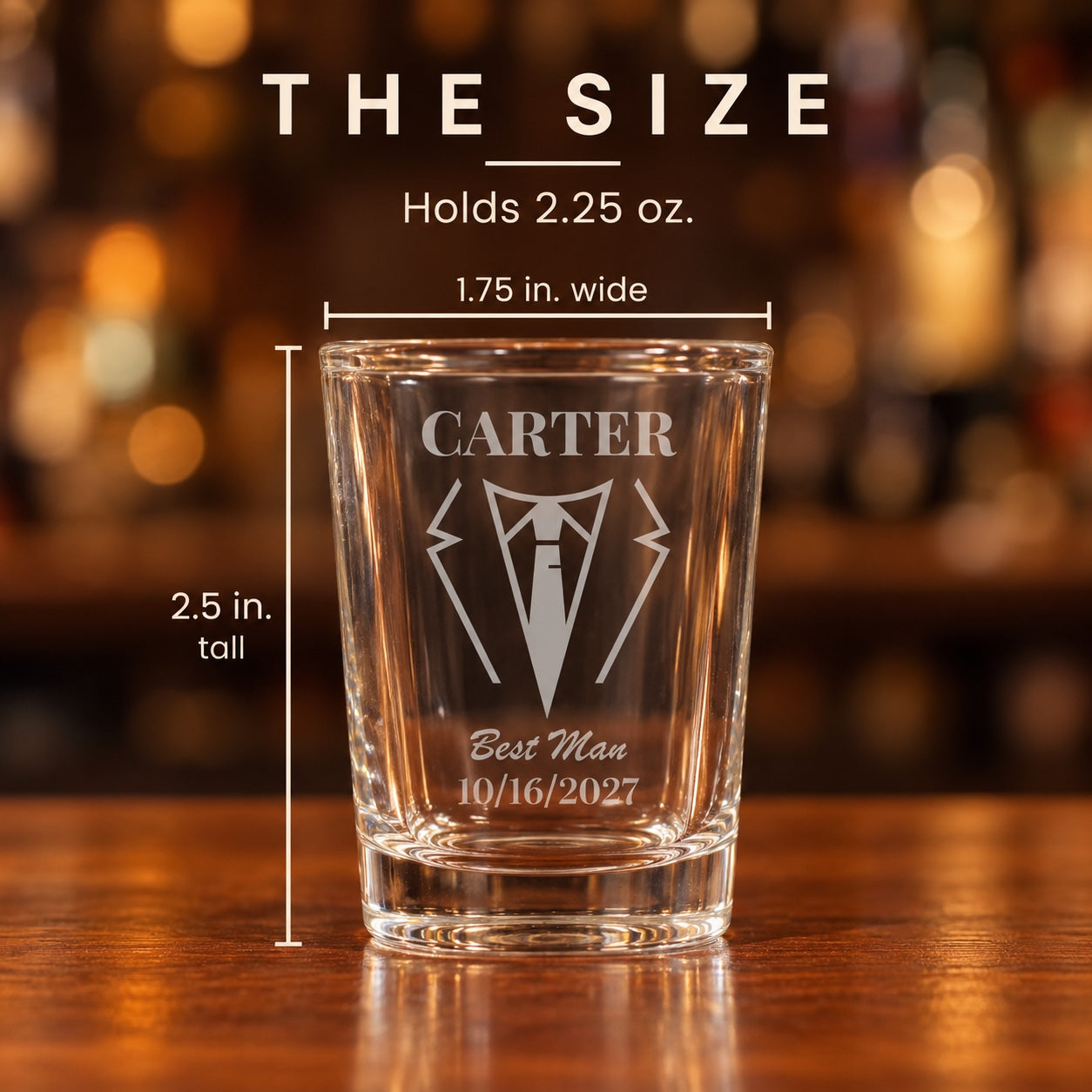 Size of the personalized groomsmen shot glass: 2.5 inches tall and 1.75 inches wide at the top, holds 2.25 oz, engraved Carter, Best Man