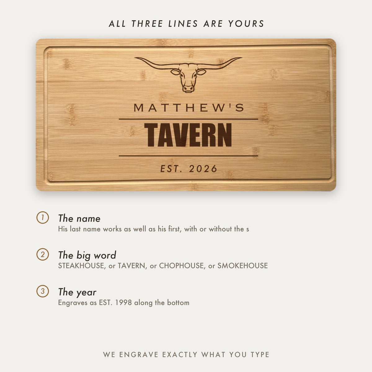 How the steakhouse board is personalized, showing Matthews Tavern as an example with all three lines set by the customer including the big word.