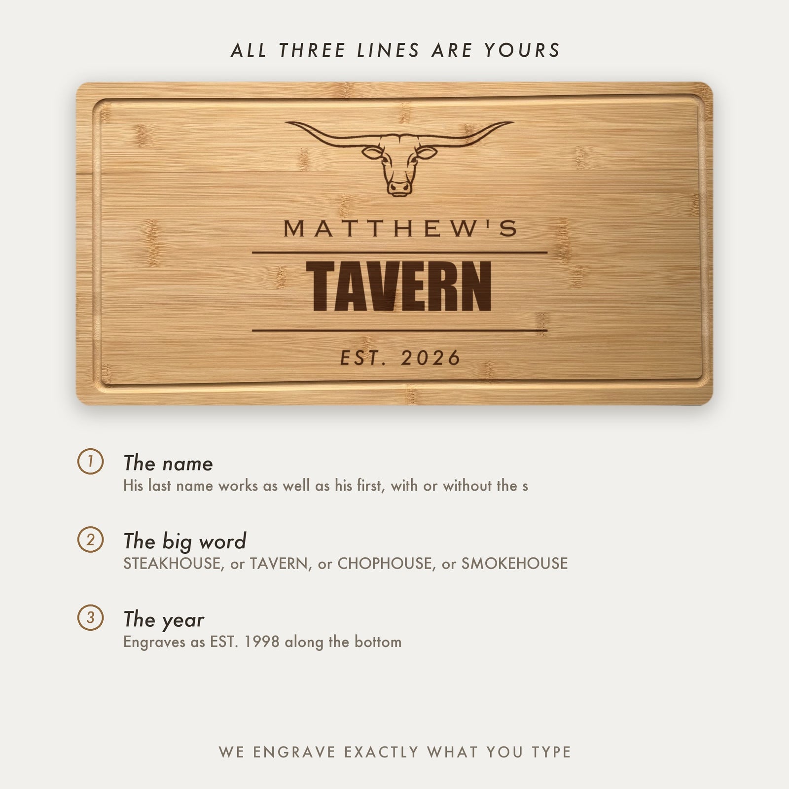 How the steakhouse board is personalized, showing Matthews Tavern as an example with all three lines set by the customer including the big word.