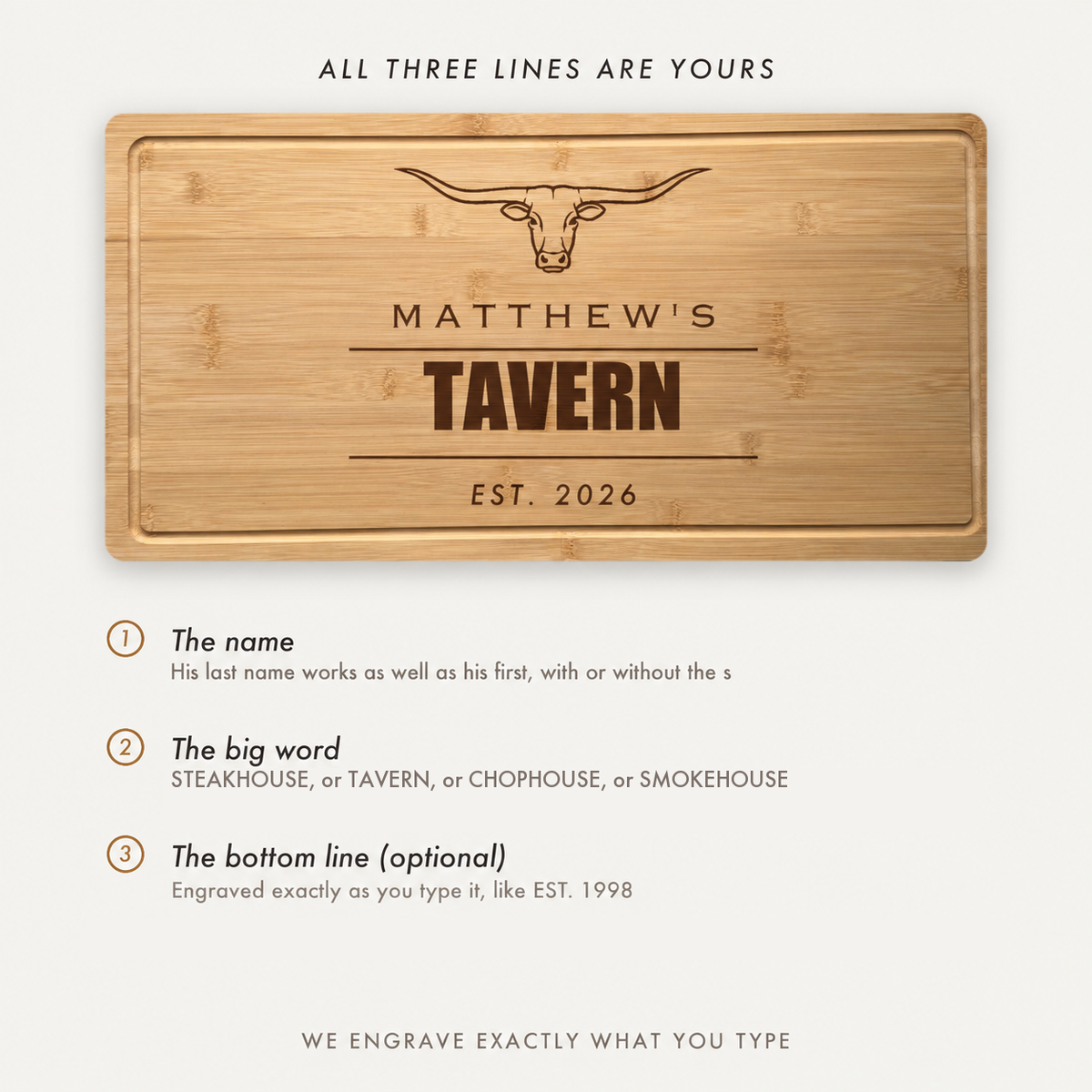How the personalized steakhouse cutting board works: a name line, a big word like STEAKHOUSE or TAVERN, and an optional bottom line engraved exactly as typed