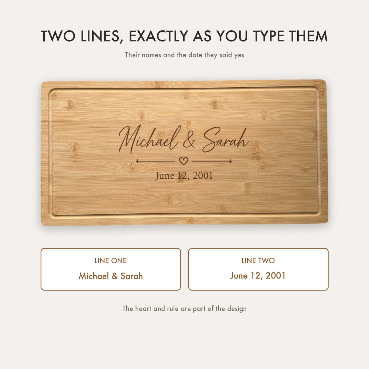 How the wedding board is personalized, showing line one for both first names and line two for the wedding date, engraved exactly as typed.