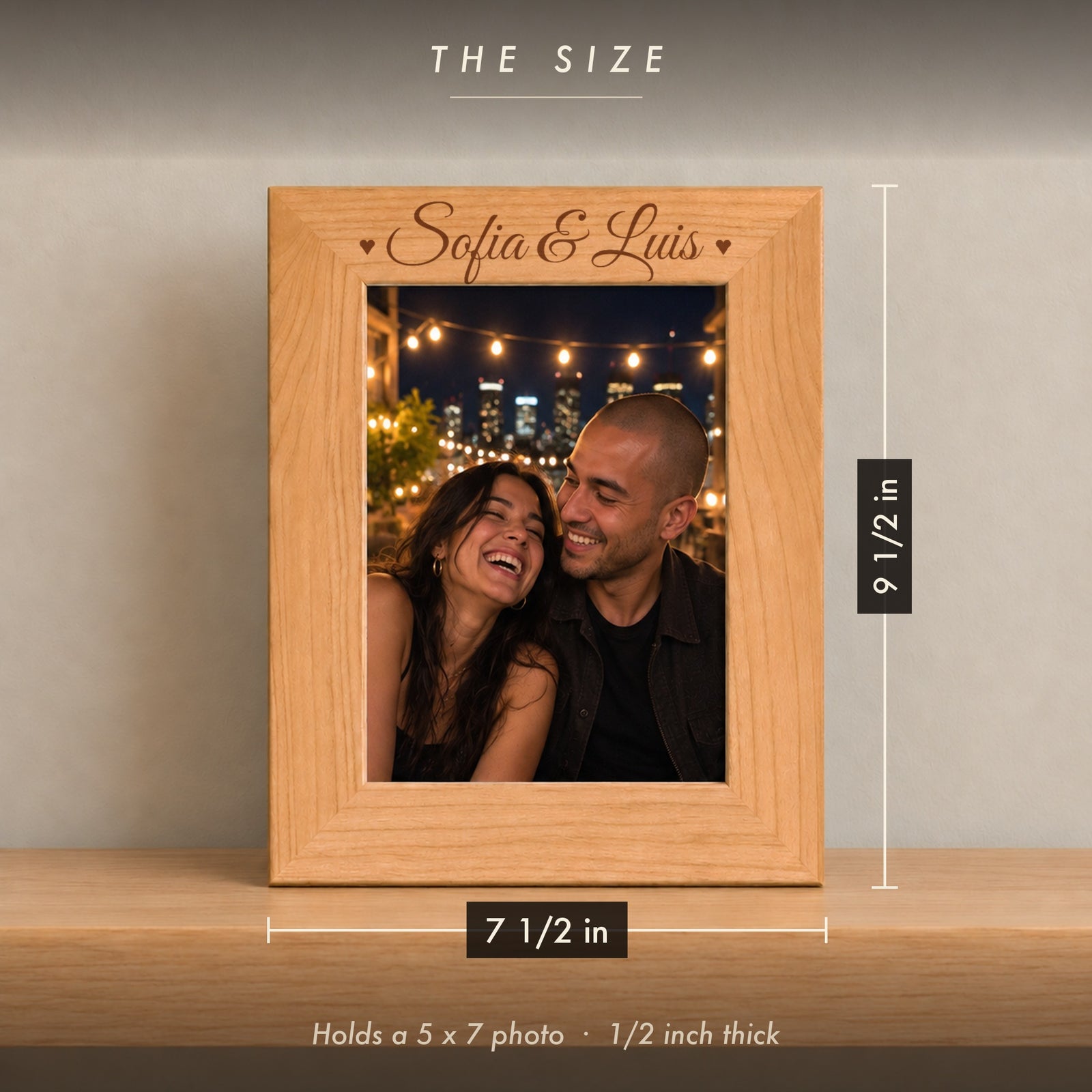 Size of the personalized wedding picture frame, 7 1/2 inches wide by 9 1/2 inches tall, holds a 5 x 7 photo, engraved Sofia & Luis