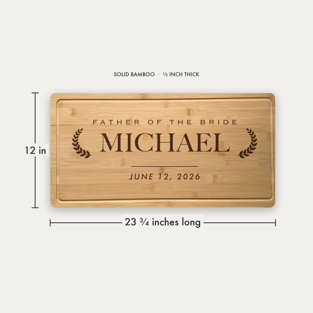 Size guide for the personalized wedding party cutting board, 23 and three quarter inches long by 12 inches wide in half inch thick solid bamboo.