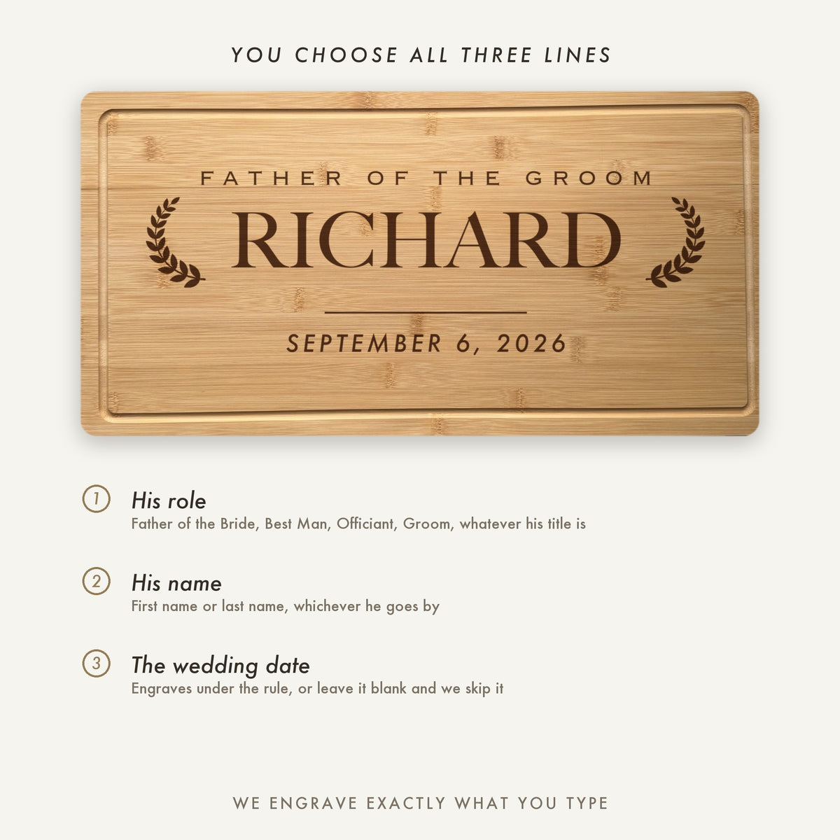 How the wedding party cutting board is personalized, shown as Father of the Groom for Richard, with the role, the name and the wedding date all set by the customer.