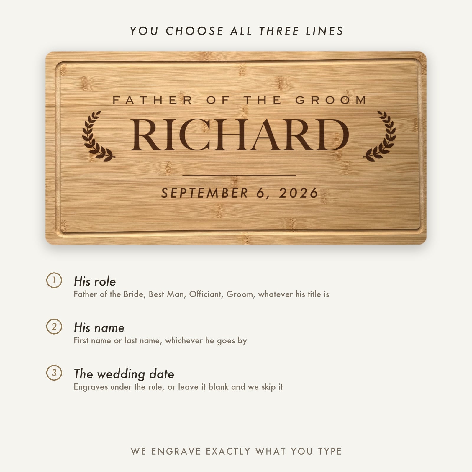 How the wedding party cutting board is personalized, shown as Father of the Groom for Richard, with the role, the name and the wedding date all set by the customer.