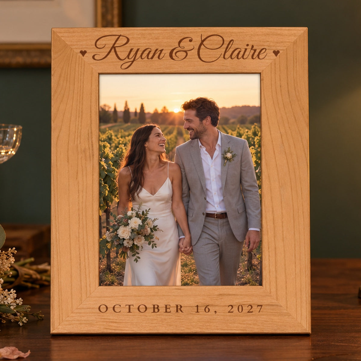 Personalized wedding picture frame in red alder engraved Ryan &amp; Claire with hearts and October 16, 2027, holding a vineyard wedding photo on a walnut sideboard