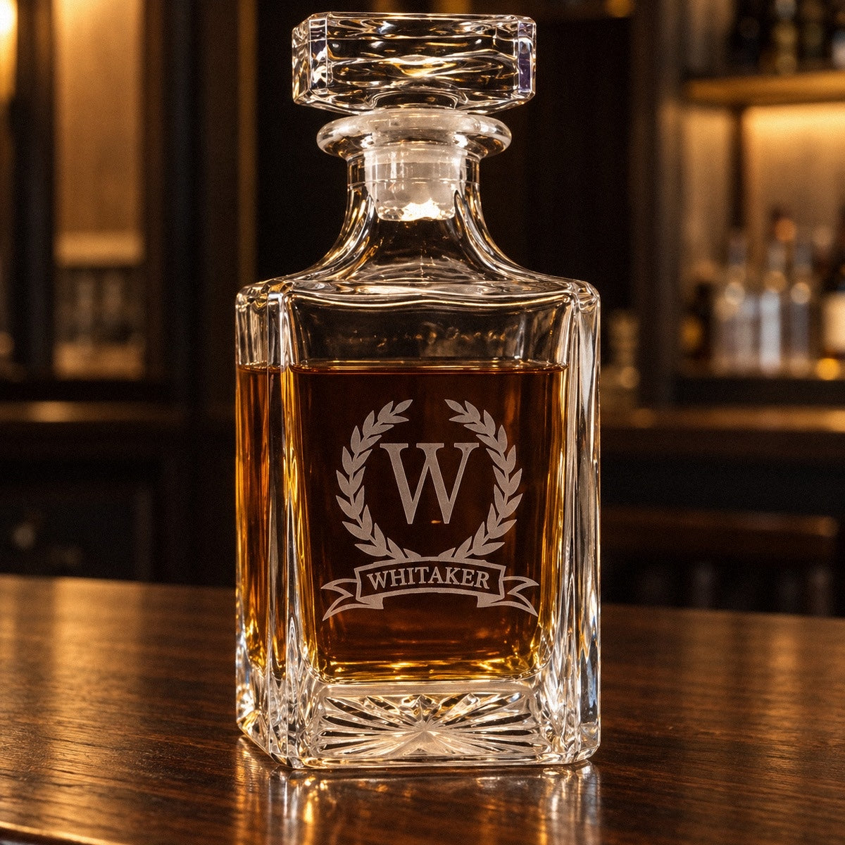 Personalized decanter filled with bourbon on a walnut bar, engraved with a laurel wreath around a large W and the last name WHITAKER on a ribbon banner