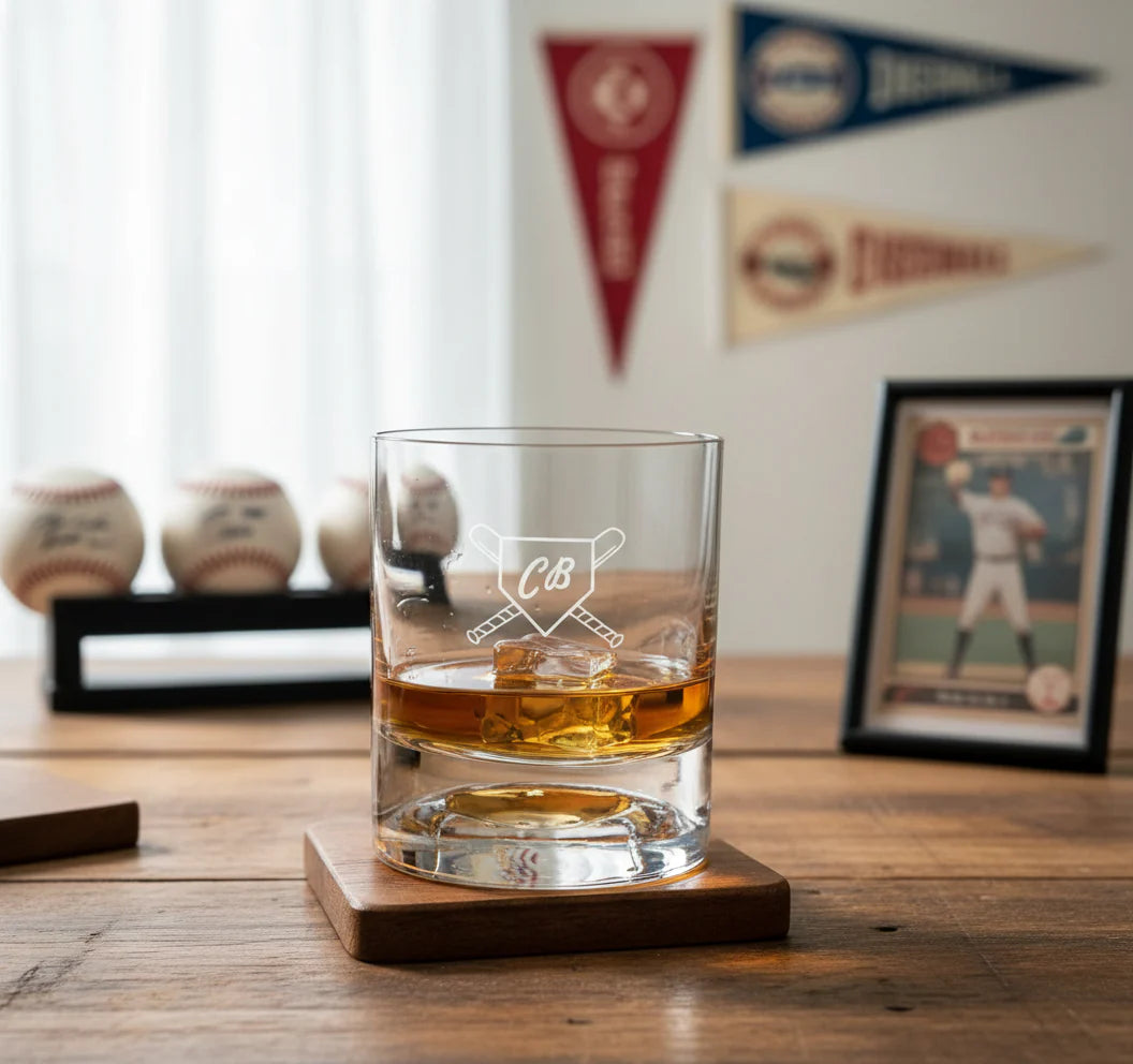 Whiskey glass with sample monogram "CB" and crossed-bat baseball design, filled with amber liquid, displayed on wooden coaster in sports-themed room setting.
