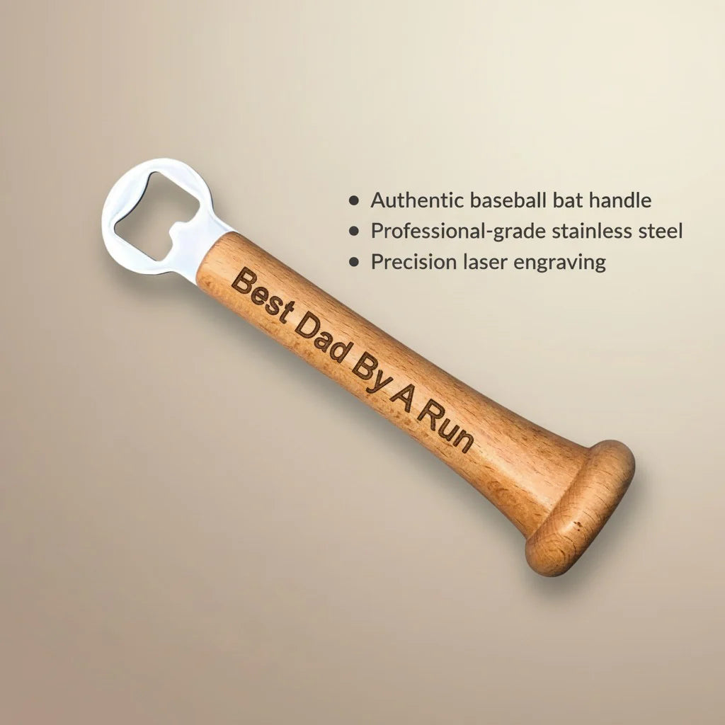 Wooden baseball bat bottle opener laser-engraved with sample text "Best Dad By A Run" and stainless steel head, shown at angle against neutral background.