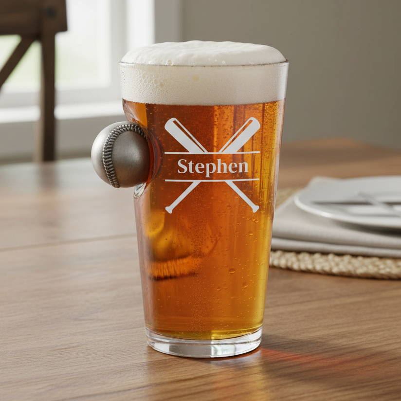 Personalized Baseball Pint glass with beer and 'Stephen' engraving on a wooden table