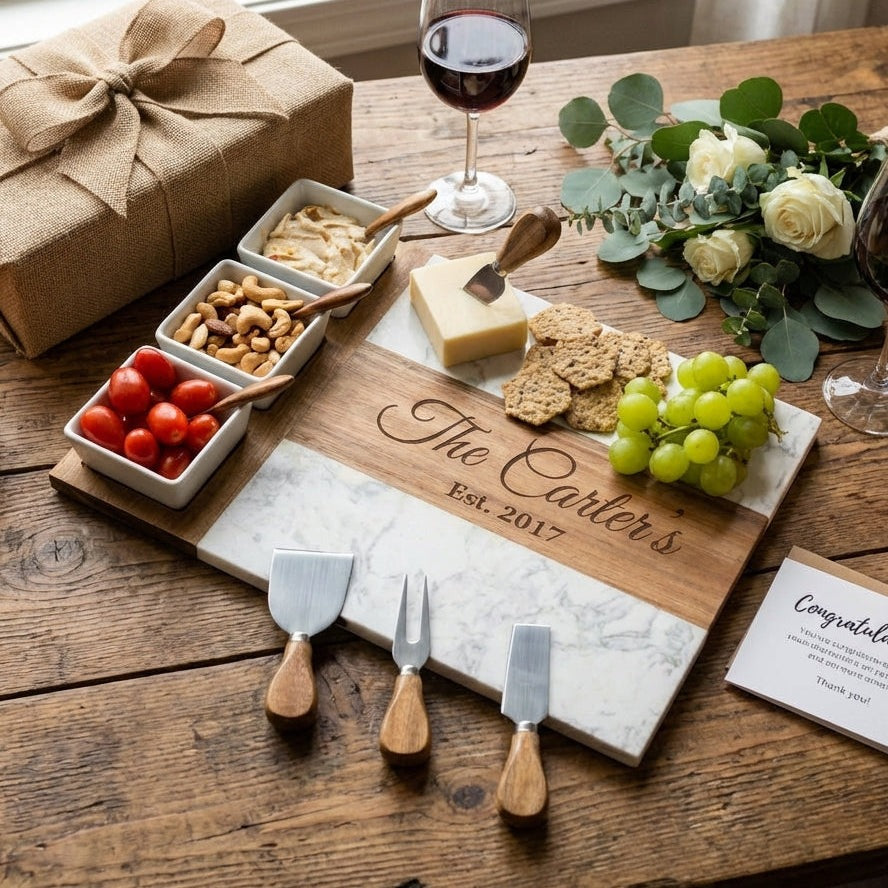Personalized cheeseboard charcuterie set with custom name laser engraved