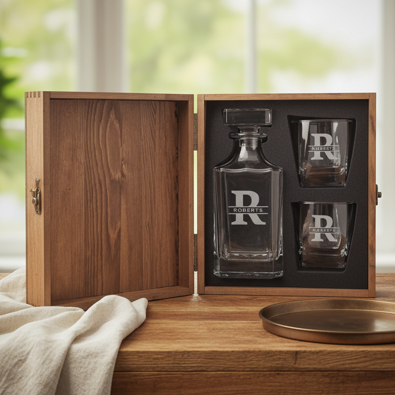 personalized groomsmen decanter and glasses set with 'R' logo in a wooden box on a wooden surface.
