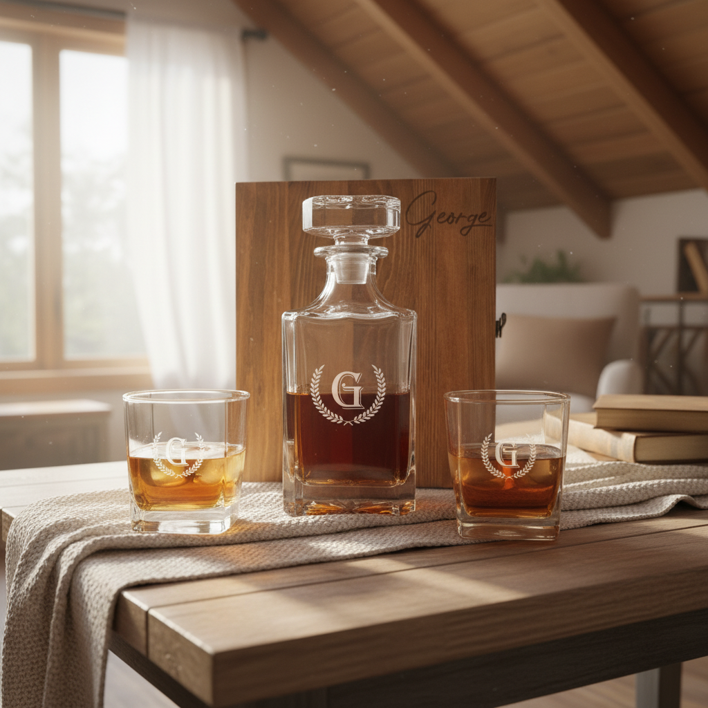 Whiskey Decanter Set With Glasses & Coasters - Acacia Wood Box, Luxury Home Bar Gift Bundle