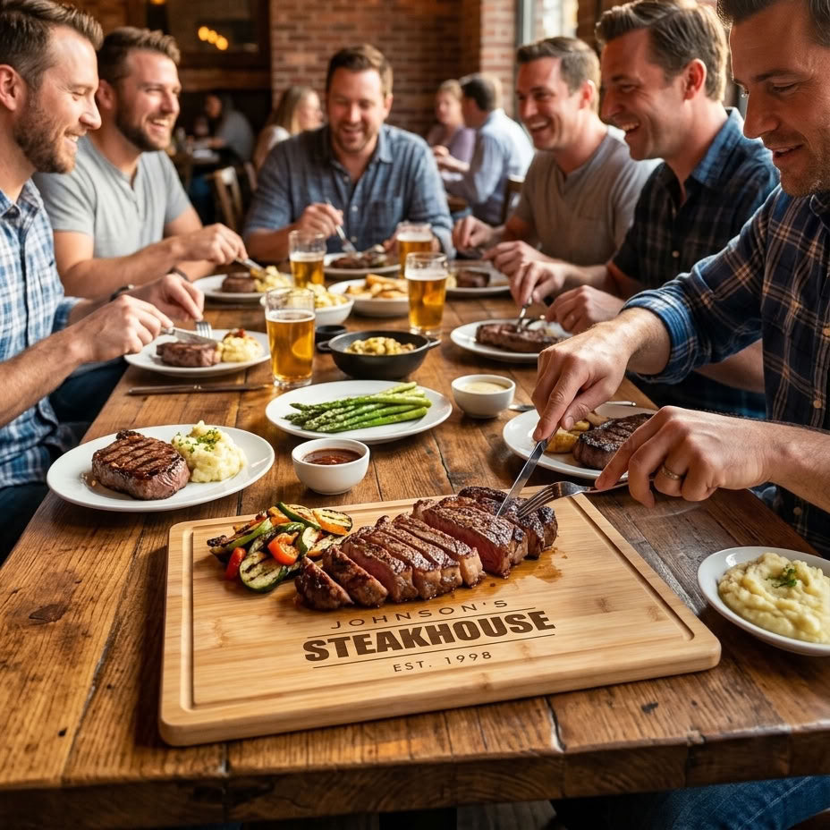 Groomsmen sharing a steak dinner around a personalized steakhouse cutting board engraved with Johnson's Steakhouse, a longhorn steer and Est. 1998