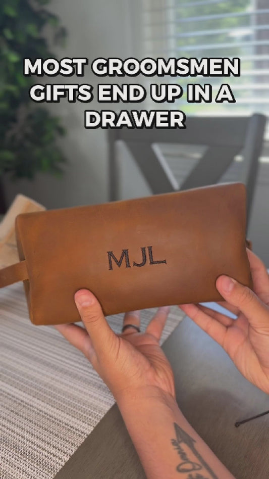Personalized full-grain leather dopp kit monogrammed with initials, made in Monroe CT.