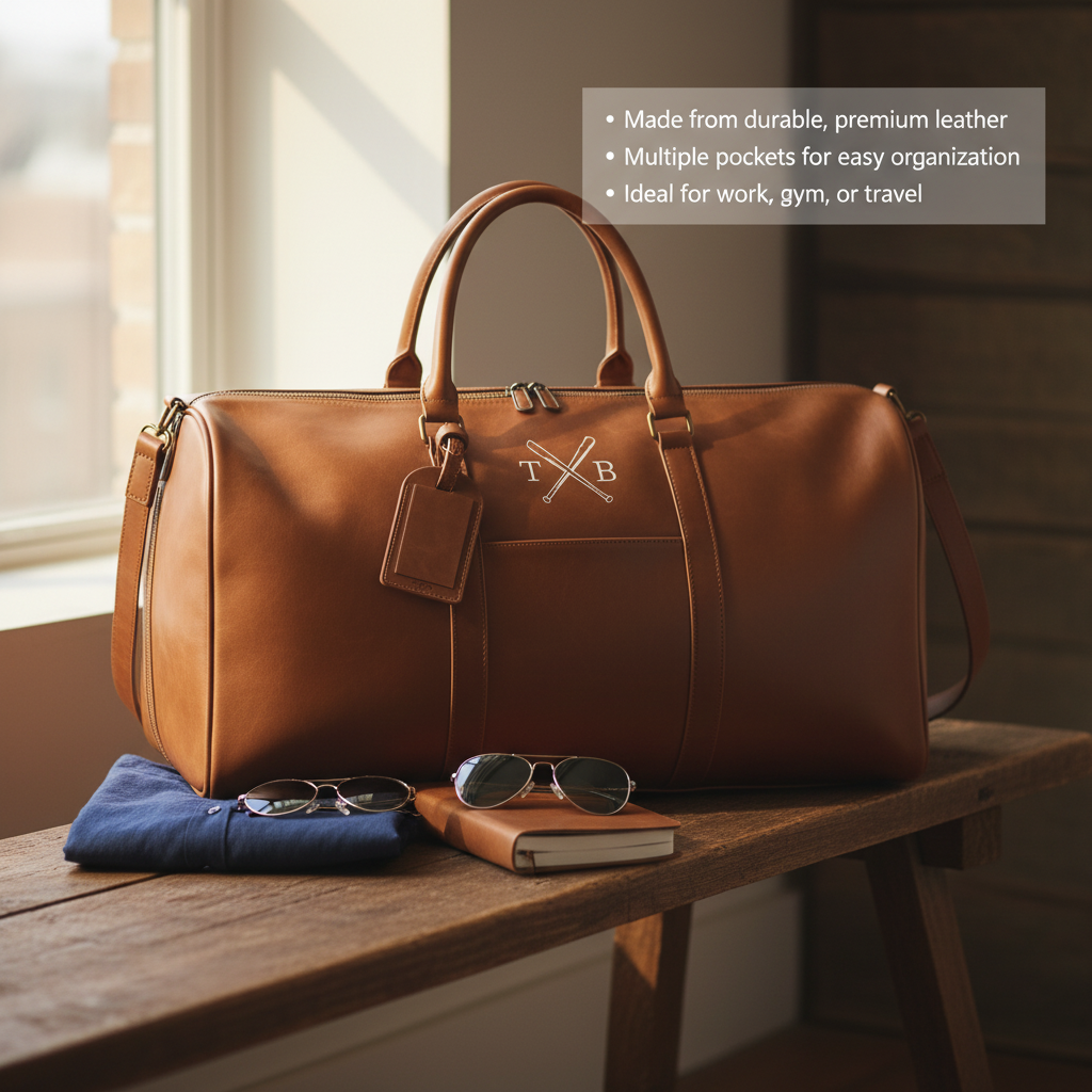 Tan leather weekender duffle with crossed bats monogram sample "KB" displayed on wooden table with sunglasses and book