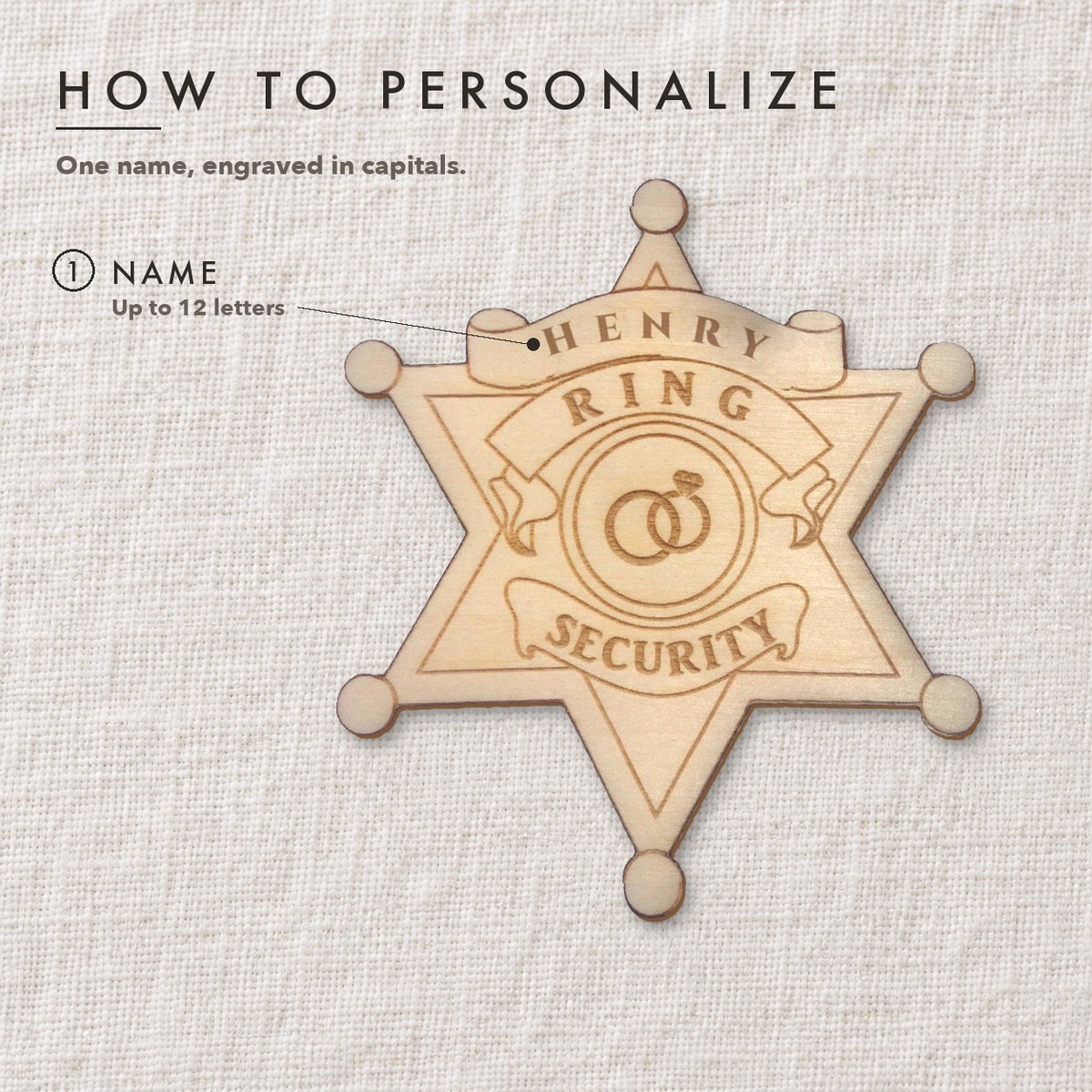 How to personalize the ring security badge: numbered guide showing where the ring bearer's first name, up to 12 letters, is engraved
