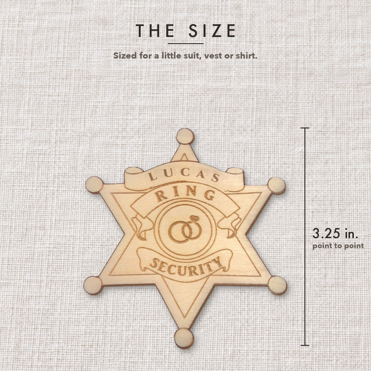 Size guide for the personalized ring bearer badge showing the wooden sheriff star measures 3.25 inches from point to point
