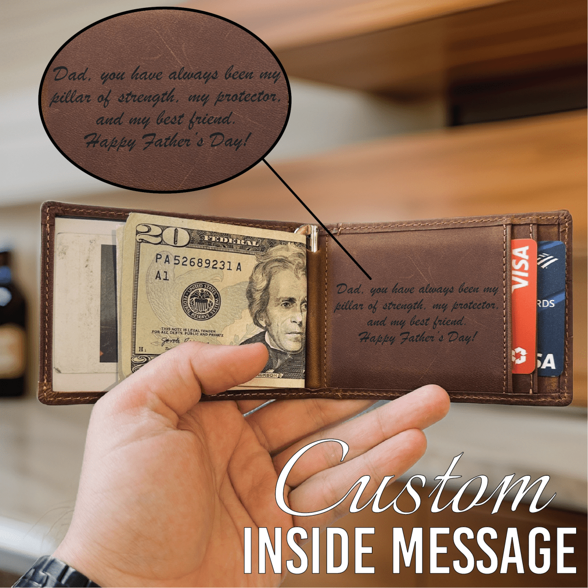 Personalized leather wallet for men crafted from genuine leather, featuring custom engraving for initials and a heartfelt inside message – ideal for Valentine’s Day, anniversaries, birthdays, or Father’s Day.