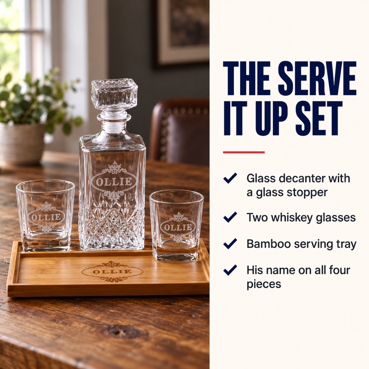 Personalized glass decanter set with stopper and two whiskey glasses engraved with sample name "Ollie" on wooden serving tray