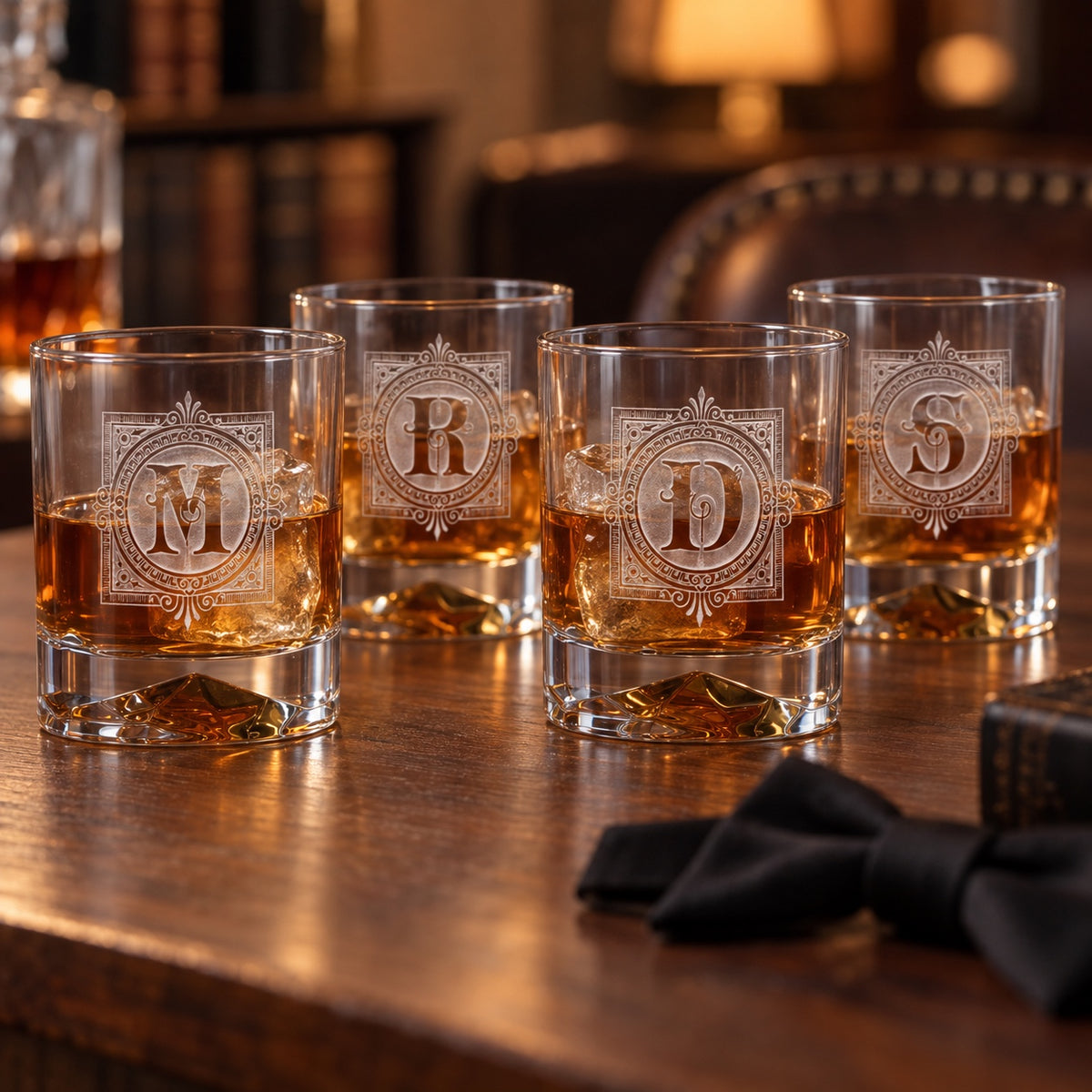Four engraved whiskey glasses for groomsmen on a walnut table, each Bormioli rocks glass sand-carved with a different initial: M, R, D, S