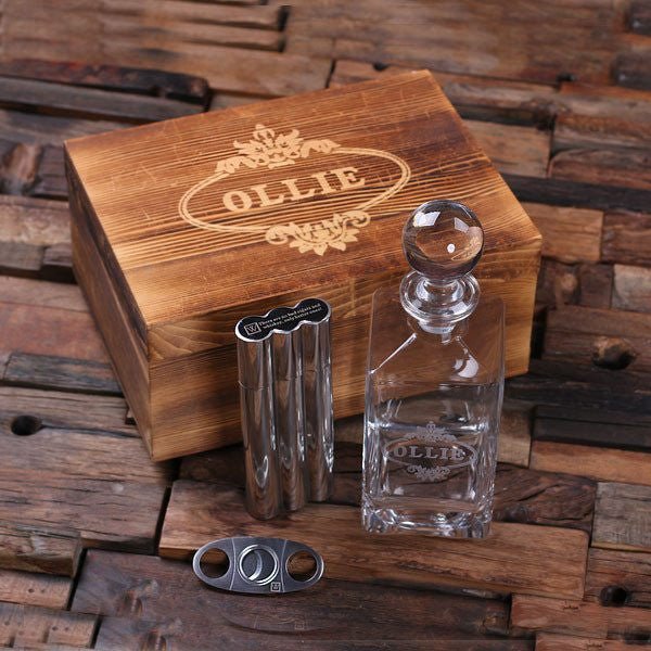 Personalized Cigar, Decanter, &amp; Flask Combo Set

Cigar Companion Decanter Gift Set