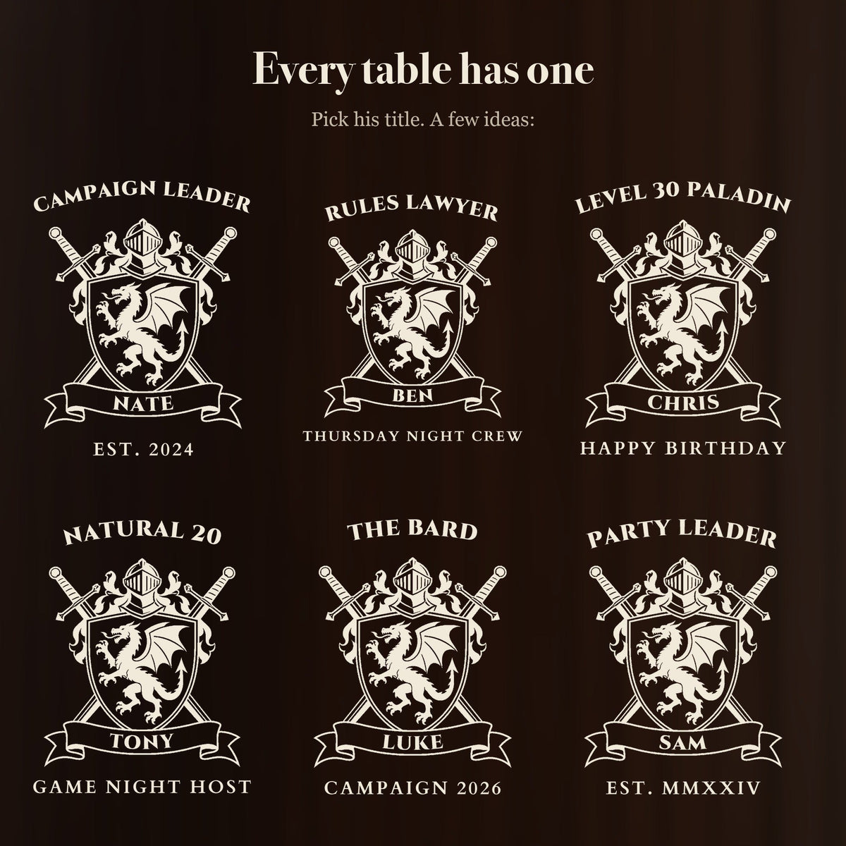 Six ways to engrave the gamer groomsmen beer mug: CAMPAIGN LEADER, RULES LAWYER, LEVEL 30 PALADIN, NATURAL 20, THE BARD and PARTY LEADER over the dragon crest