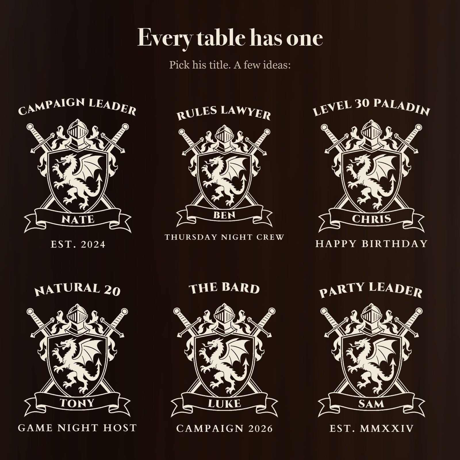 Six ways to engrave the gamer groomsmen beer mug: CAMPAIGN LEADER, RULES LAWYER, LEVEL 30 PALADIN, NATURAL 20, THE BARD and PARTY LEADER over the dragon crest