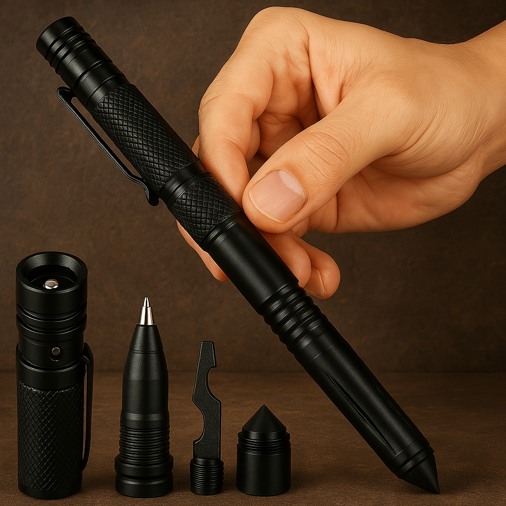 Engraved black multitool tactical pen with LED flashlight and survival tools
