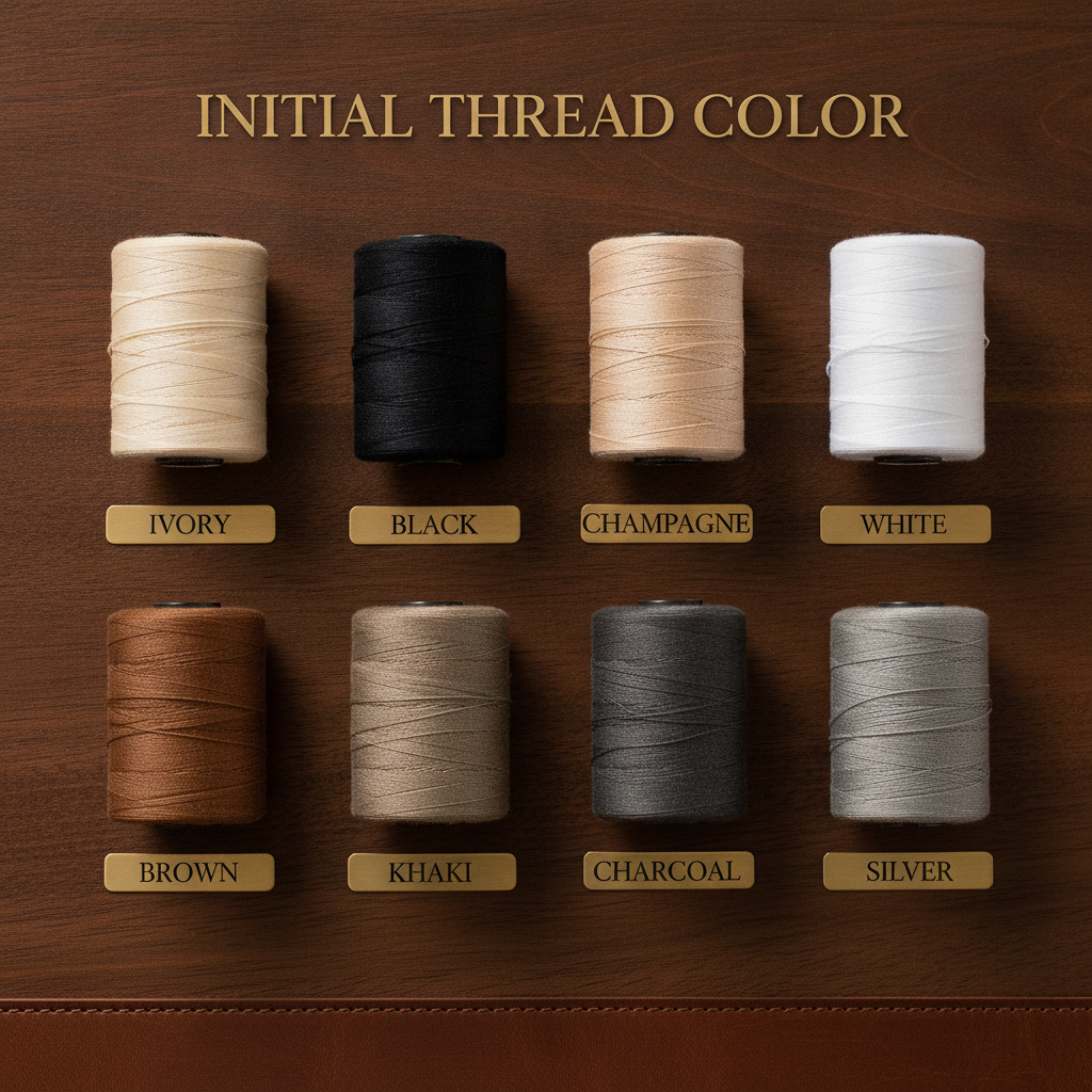Eight embroidery thread color options for the personalized Muscle Duffle travel bag: ivory, black, champagne, white, brown, khaki, charcoal, and silver.