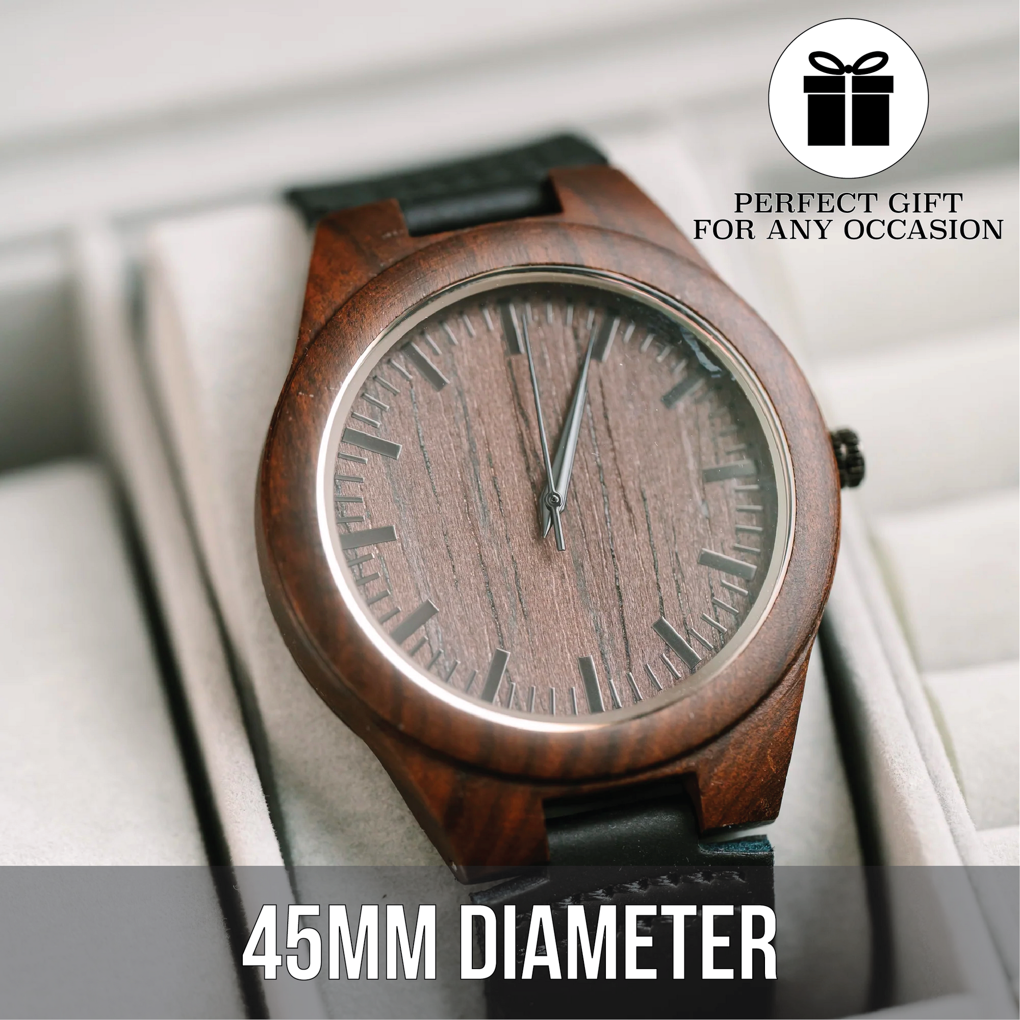 Personalized Groomsmen Watch - Wood Face with Brown Leather Strap - Custom Engraved Back