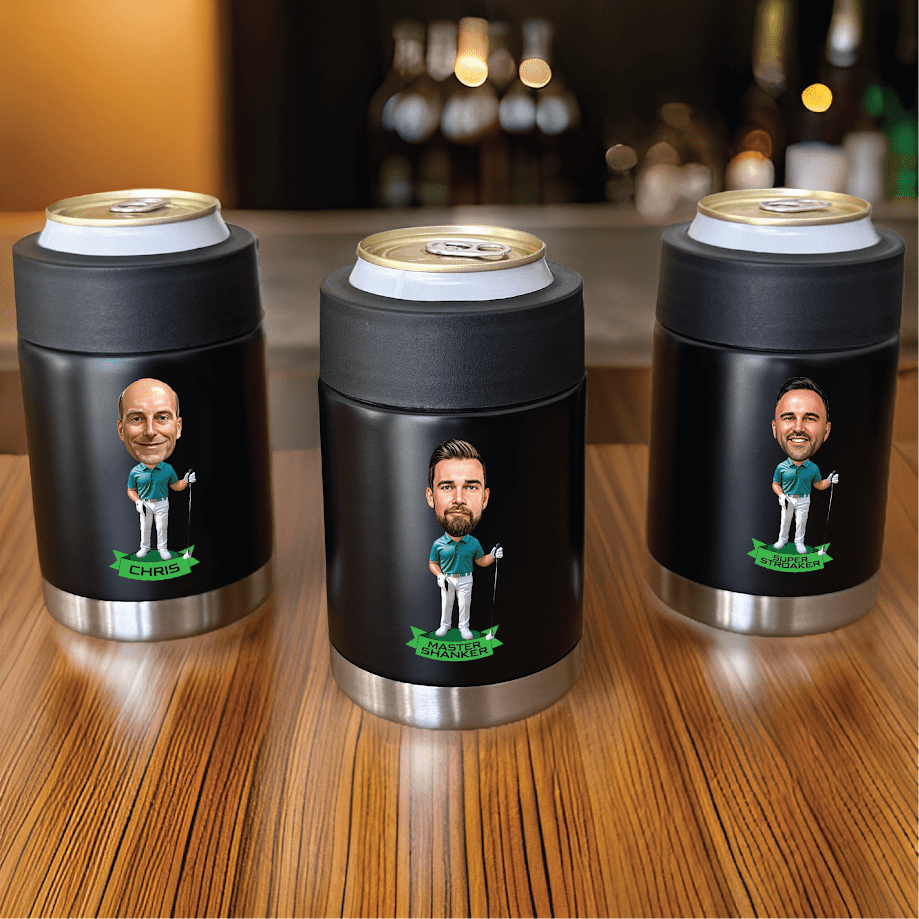 Three black can coolers with stainless steel bases, each printed with a sample golf caricature illustration and personalized name banner in green