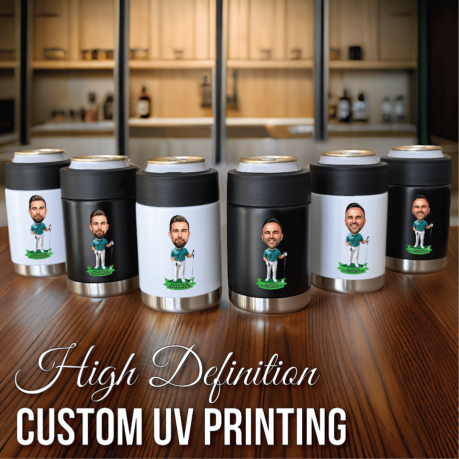 Six personalized can coolers with custom golf caricature designs featuring different male faces in teal golf shirts, printed on white and black sections with gold-rimmed tops