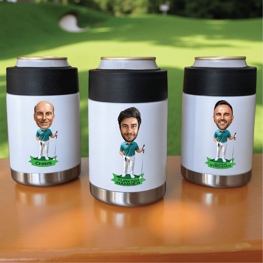 Three personalized golf caricature can coolers with custom illustrated golfer designs and sample names "Chris," "Turkish Hammer," and "Super Stricker" printed on white bodies with black bands