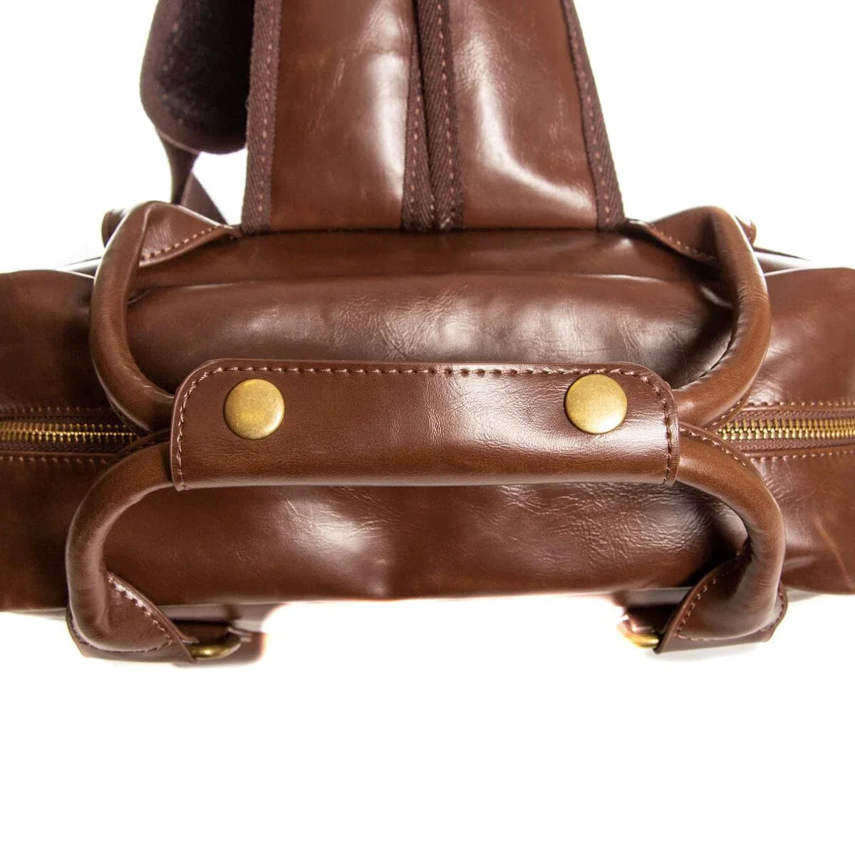 Brown vegan leather laptop backpack with custom name engraving and front flap pocket