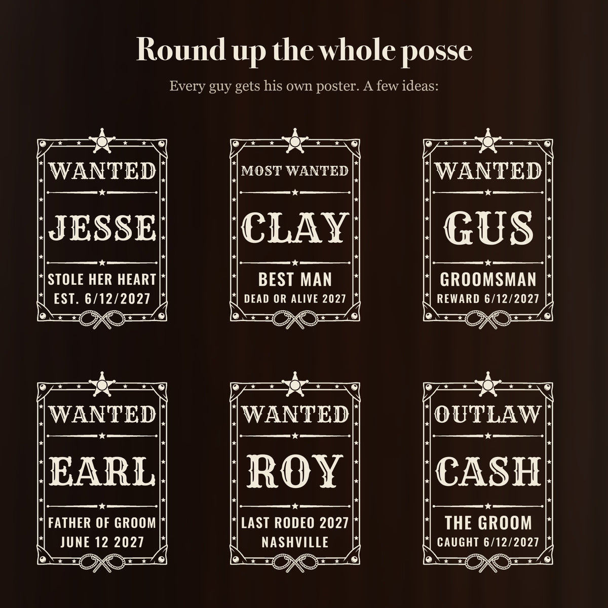 Six ways to engrave the wanted poster beer stein: Wanted Jesse, Most Wanted Clay, Wanted Gus, Wanted Earl and more