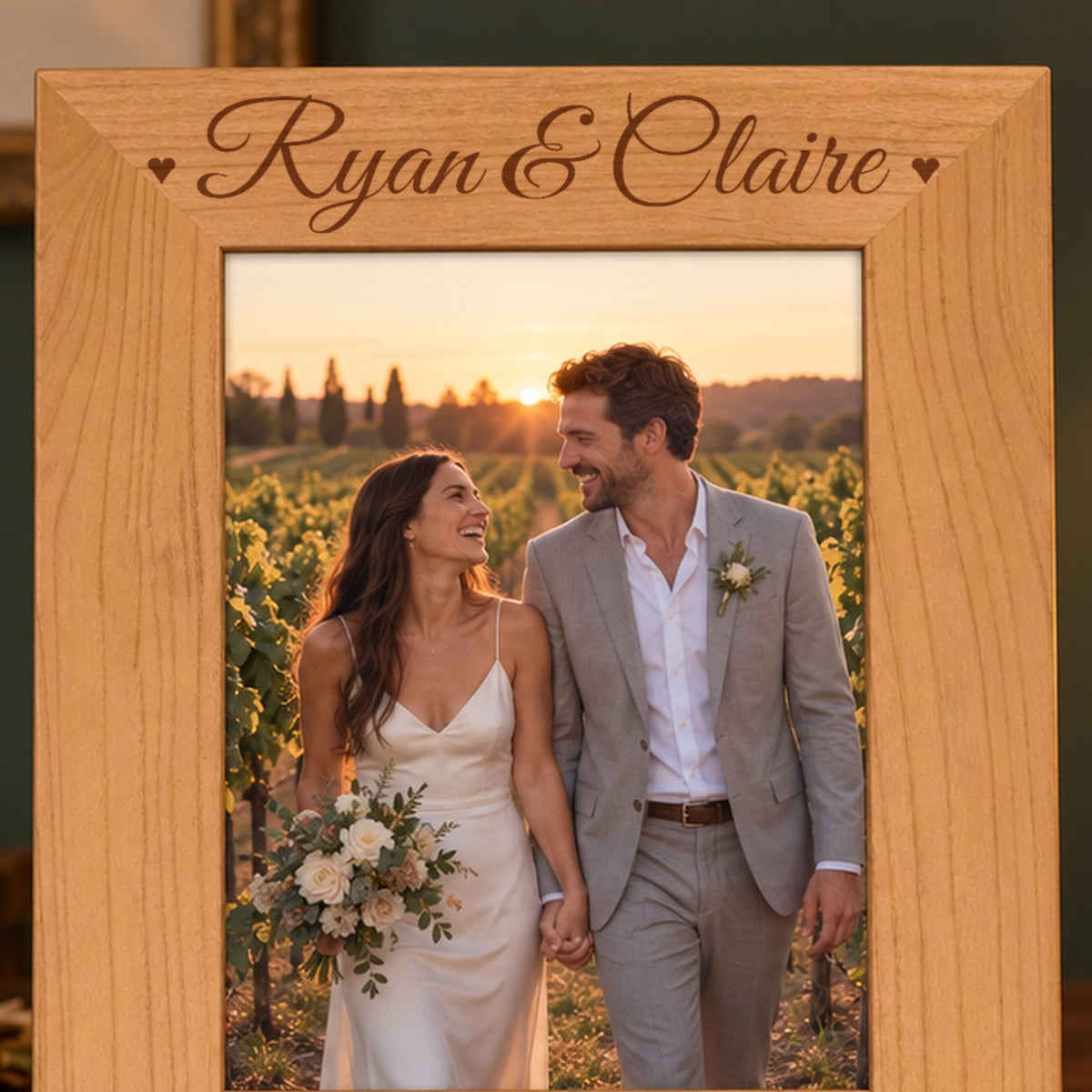 Close-up of the names Ryan & Claire laser engraved in script with two small hearts on the top border of a red alder wedding picture frame