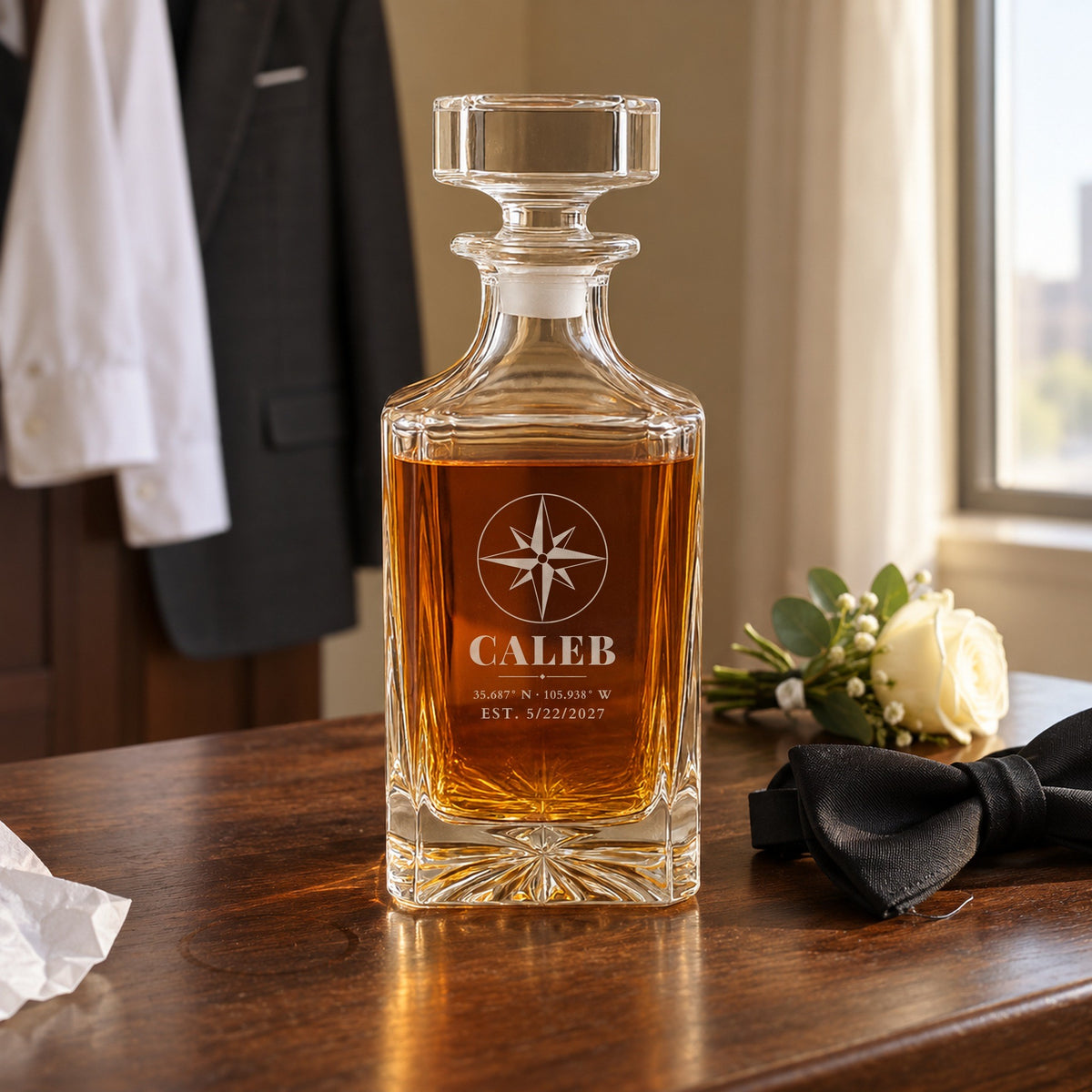 Wedding morning gift for the groom in his getting-ready room, a whiskey decanter engraved Caleb with Santa Fe coordinates beside a white boutonniere
