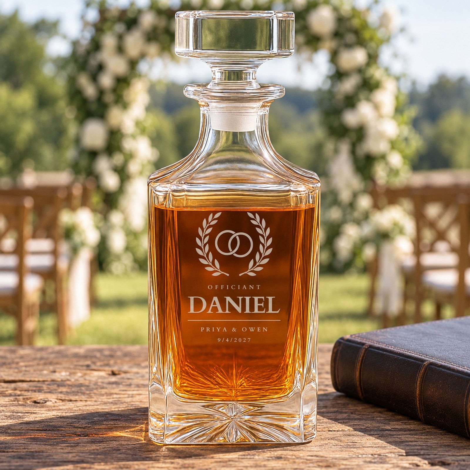 Front of a personalized wedding officiant whiskey decanter on a ceremony table, engraved Daniel with the couple Priya and Owen and the date 9/4/2027
